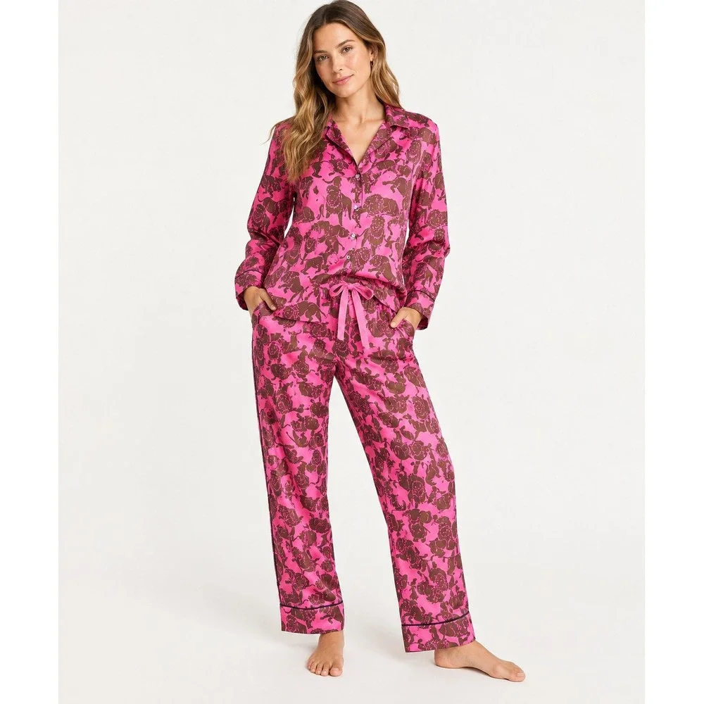 J Crew Collection Pajama Set Silk Sleepy Lion Pink Brown Size 6